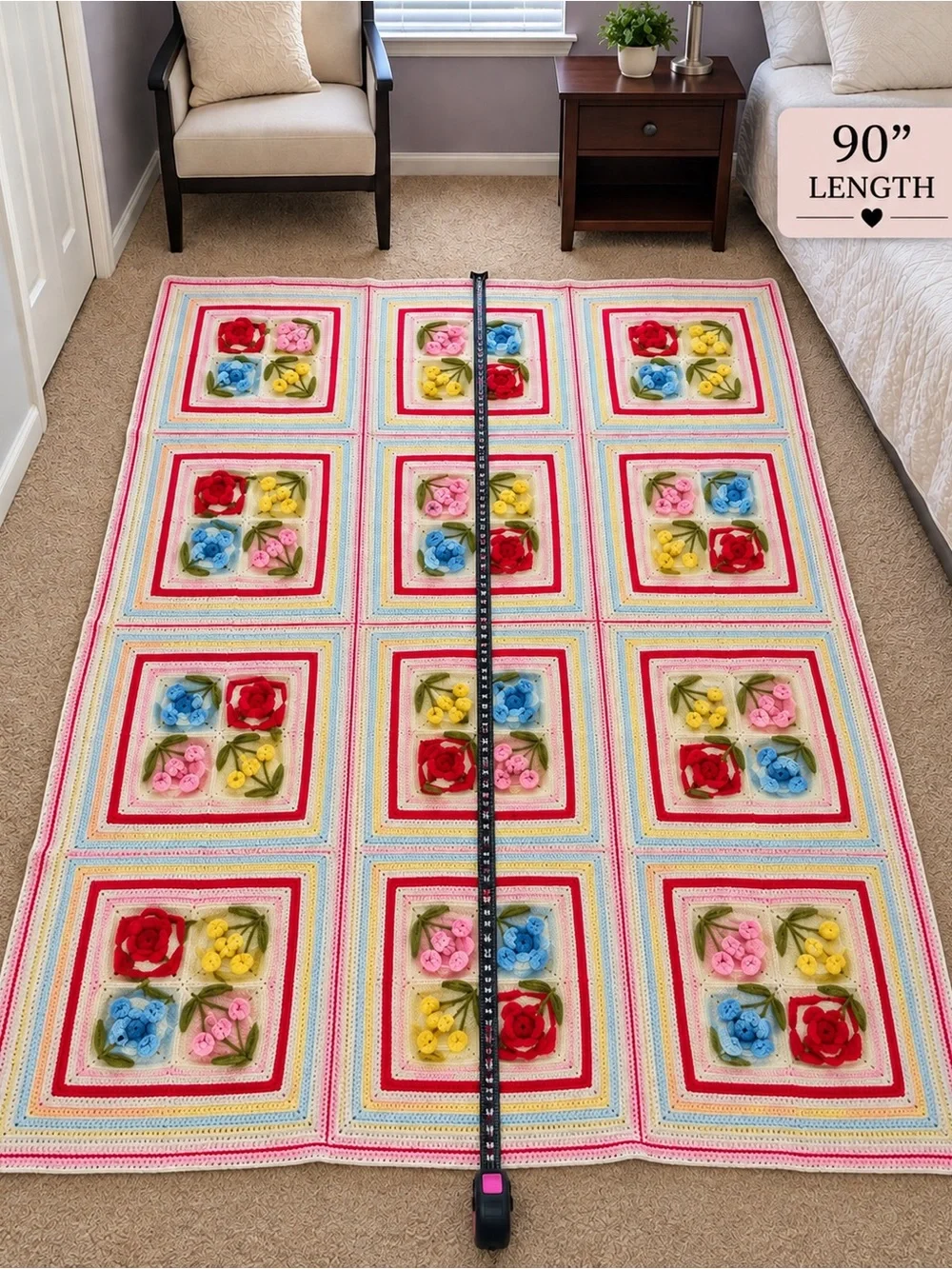 Vintage Handmade Crochet Floral Afghan Blanket 73” x 90” Raised Flowers